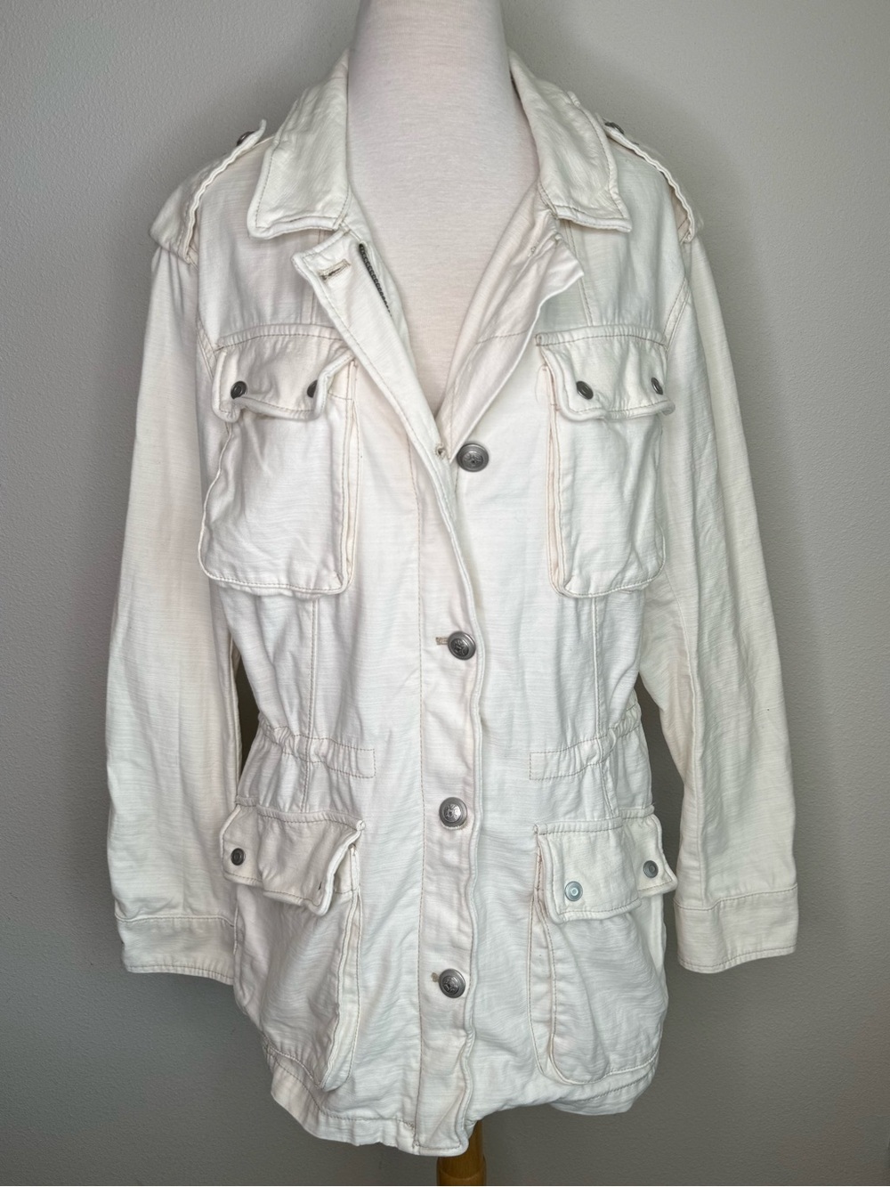 Free People Utility Jacket Cream White Cinch Waist Pockets Button Front Rugged